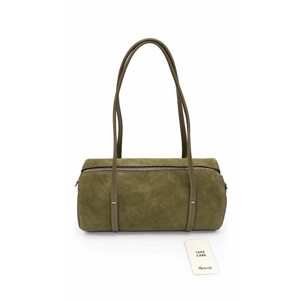 Madewell Suede Barrel Shoulder Bag Olive Green Leather Trim Zip Top Handbag